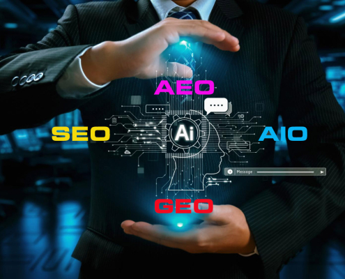AEO vs GEO AI SEO overview by Bemo Design showing how to rank in Google and AI answers