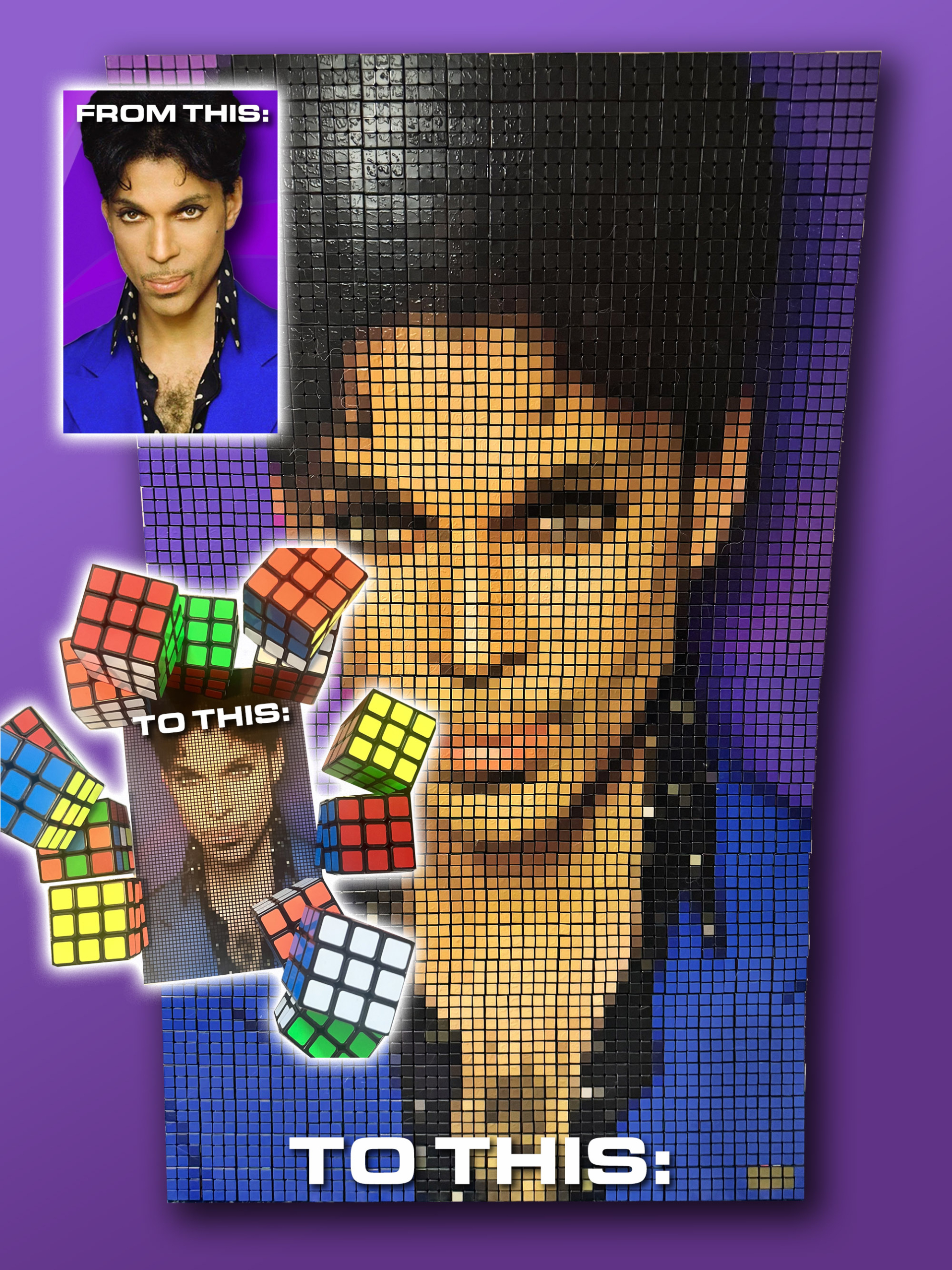 Prince Rubik’s Cube mosaic wall art crafted from full-size cubes
