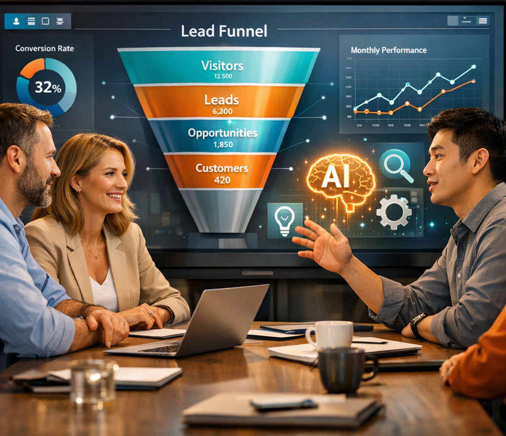 Business meeting analyzing lead funnel data. GEO AI SEO Services - Generative Engine Optimization - Bemo Design