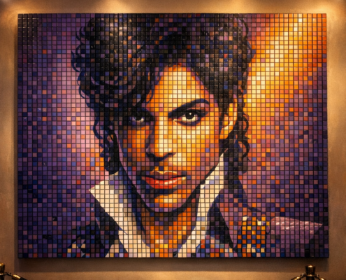Prince Rubik’s Cube mosaic wall art installation featuring a custom pixel portrait made from full-size cubes