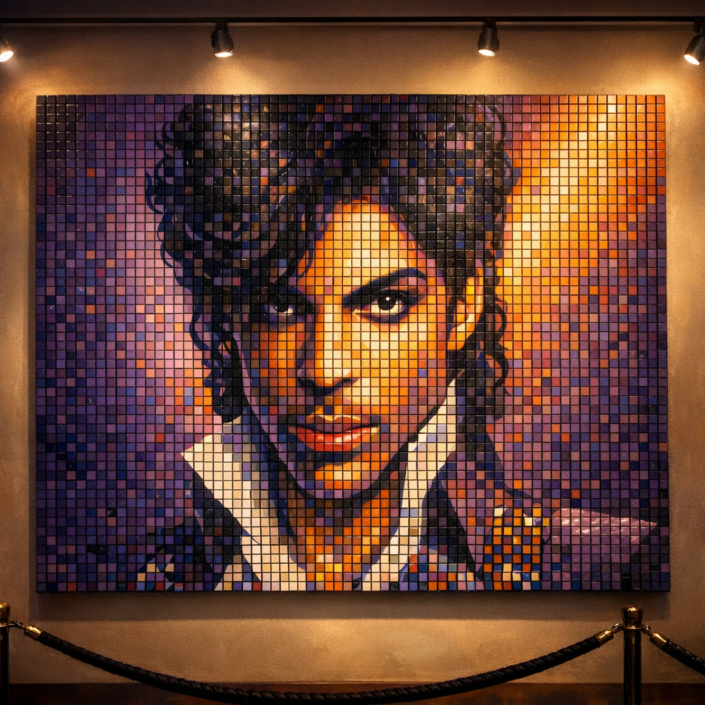 Prince Rubik’s Cube mosaic wall art installation featuring a custom pixel portrait made from full-size cubes