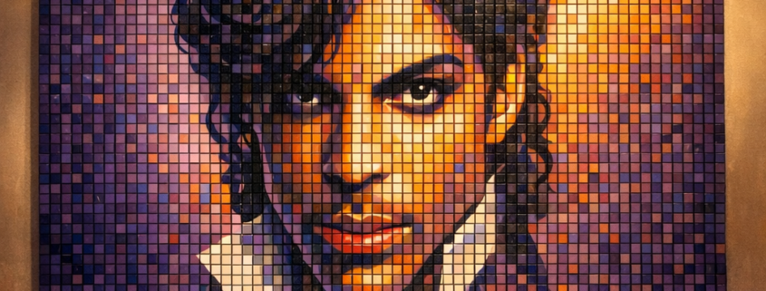 Prince Rubik’s Cube mosaic wall art installation featuring a custom pixel portrait made from full-size cubes