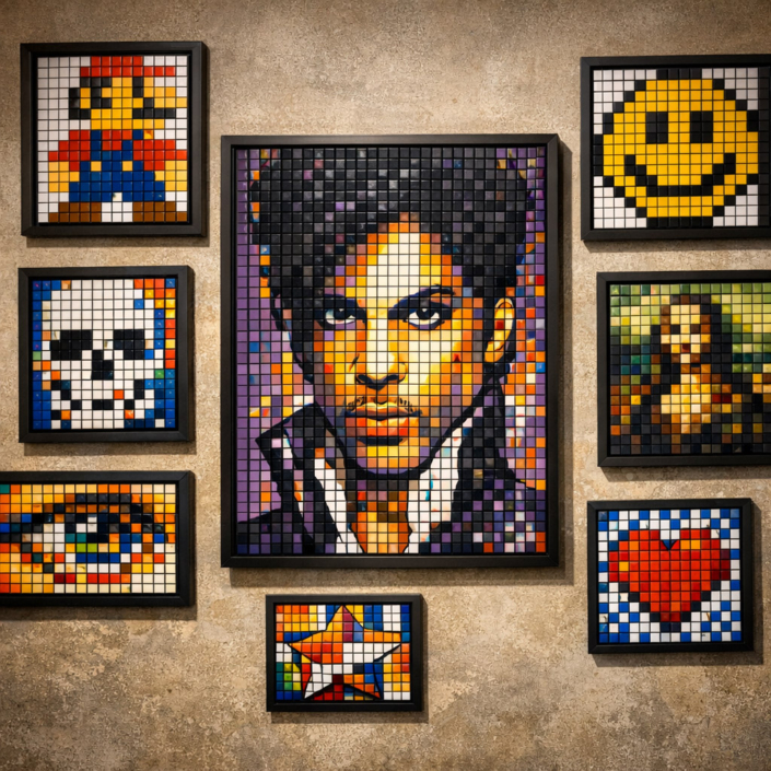 Rubik’s Cube mosaic wall art collection featuring a large Prince portrait surrounded by pixel-style cube artworks