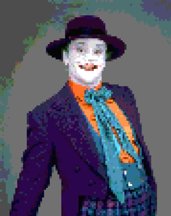 1989 Joker character rendered as a Rubik’s Cube mosaic, highlighting bold colors and painterly pixel shading
