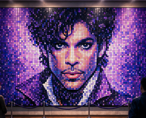Large-scale Prince Rubik’s Cube mosaic wall art displayed as a gallery-style installation