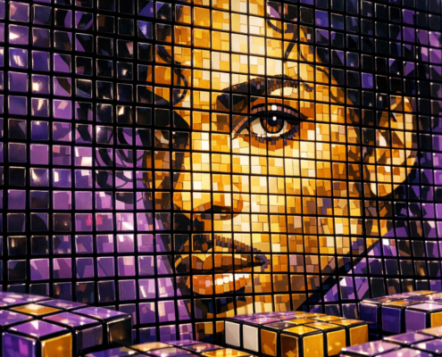 Close-up detail of a Prince Rubik’s Cube mosaic showing depth, texture, and custom colors