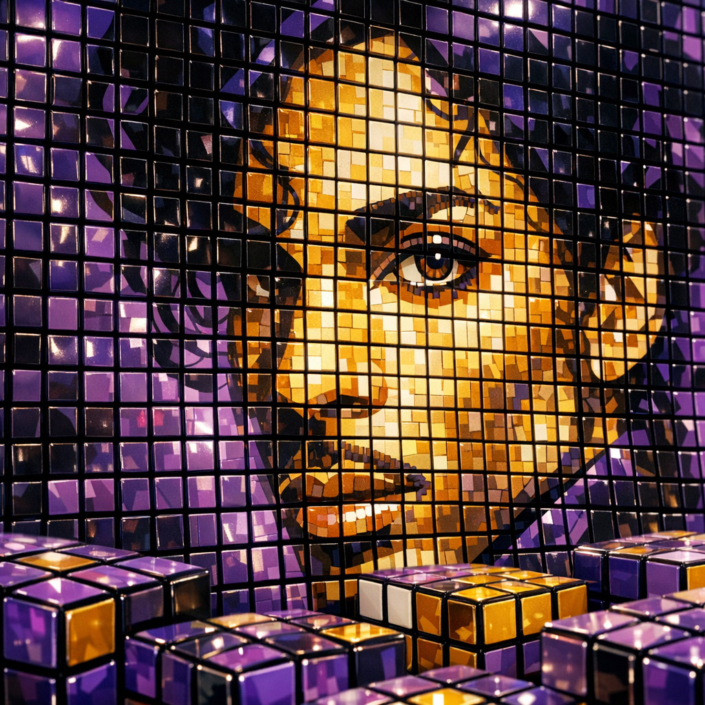 Close-up detail of a Prince Rubik’s Cube mosaic showing depth, texture, and custom colors