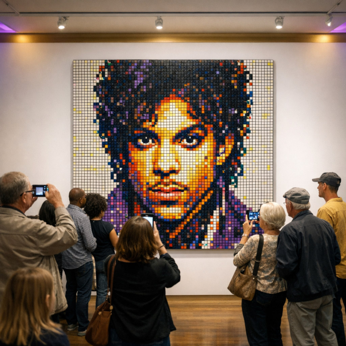 Prince Rubik’s Cube mosaic wall art displayed in a gallery exhibition, showing scale and audience interaction