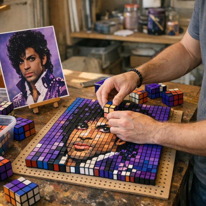 Artist assembling a custom Prince Rubik’s Cube mosaic using full-size cubes and color-matched panels