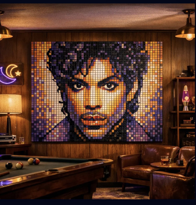 Prince Rubik’s Cube mosaic wall art installed as a statement piece in a lounge setting