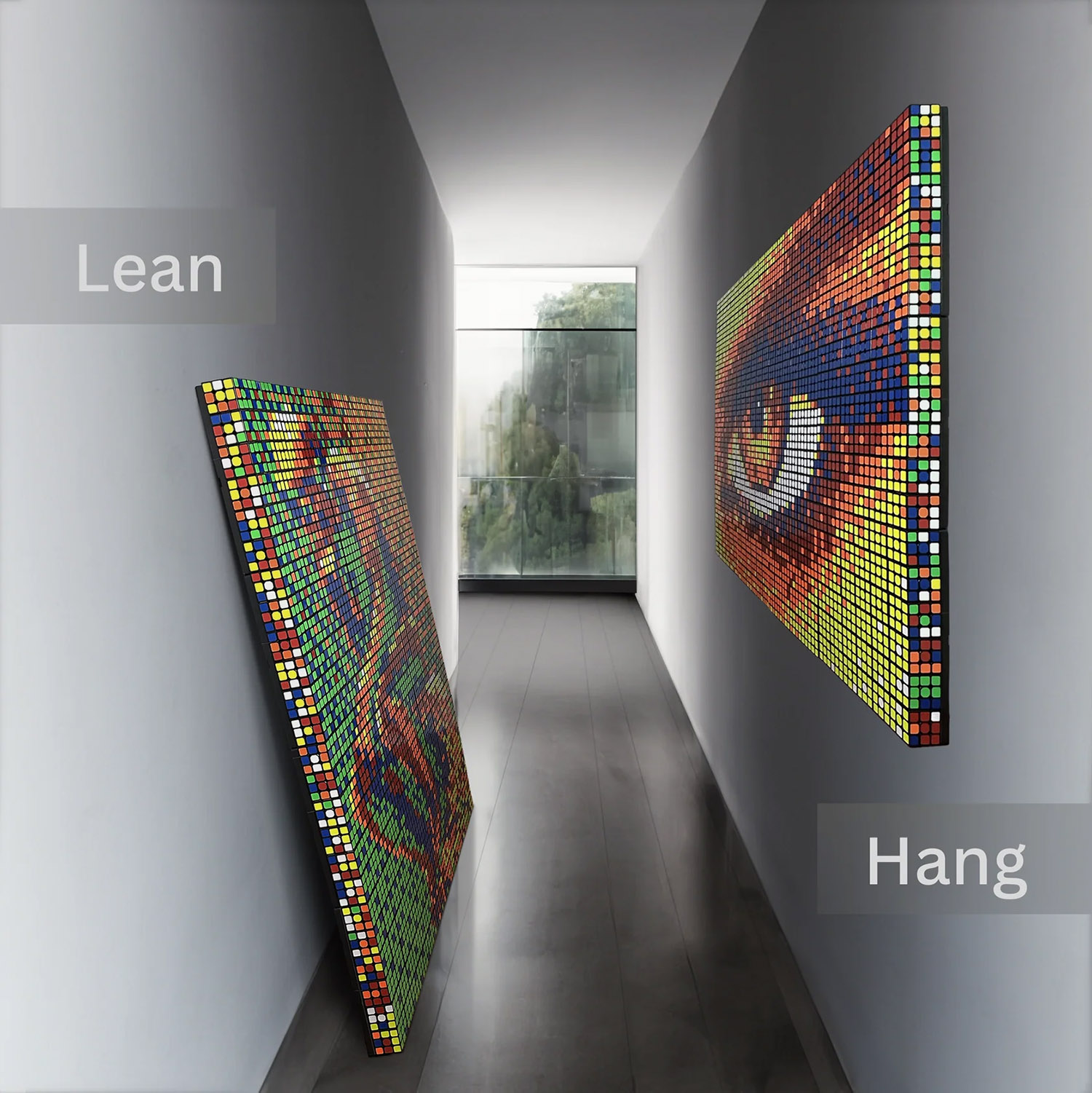Rubik’s Cube mosaic wall art displayed using a professional hanging system, demonstrating secure mounting options for vertical and large-format installations