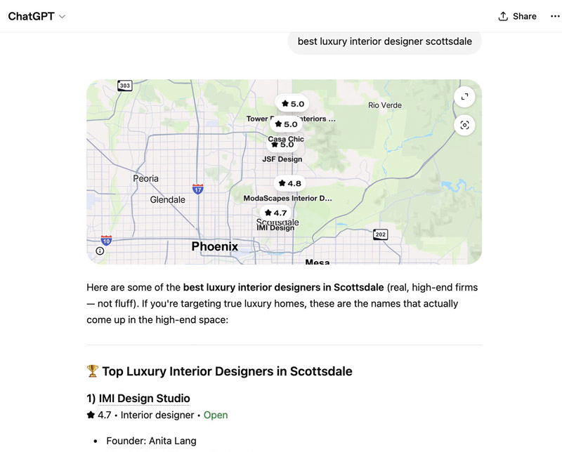 AI search visibility dashboard showing rankings in ChatGPT, Google AI, and multiple AI platforms for Scottsdale SEO client
