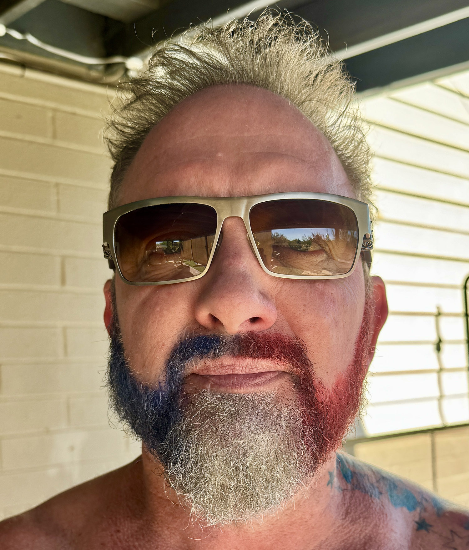 Red white and blue painted beard by Brian Bemo of Bemo Design for a live AI SEO experiment.