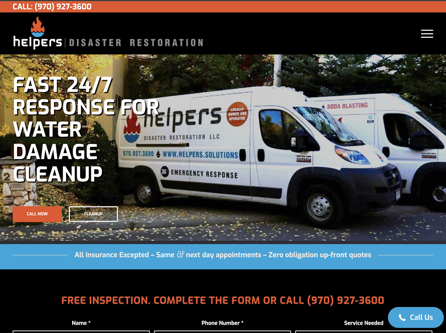 Water damage restoration website designed by Bemo Design for Helpers Restoration in Aspen, Colorado