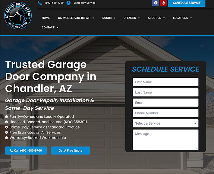 garage repair and home improvement website designed by Bemo Design for GT Garage Door Repair in chandler AZ