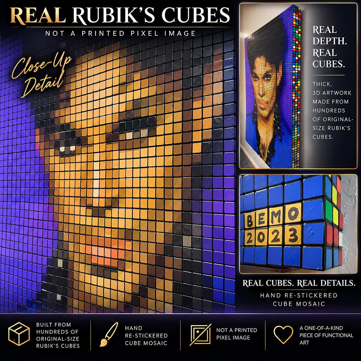 Close-up of Prince Rubik’s Cube mosaic wall artwork handmade from hundreds of real full-size cubes with custom hand-applied colors