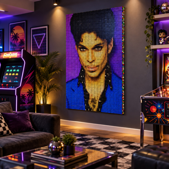Large Prince Rubik’s Cube mosaic wall art displayed in a stylish retro game room with neon lighting, arcade machines, lounge seating, and a pinball machine, showing the artwork as a bold oversized statement piece.