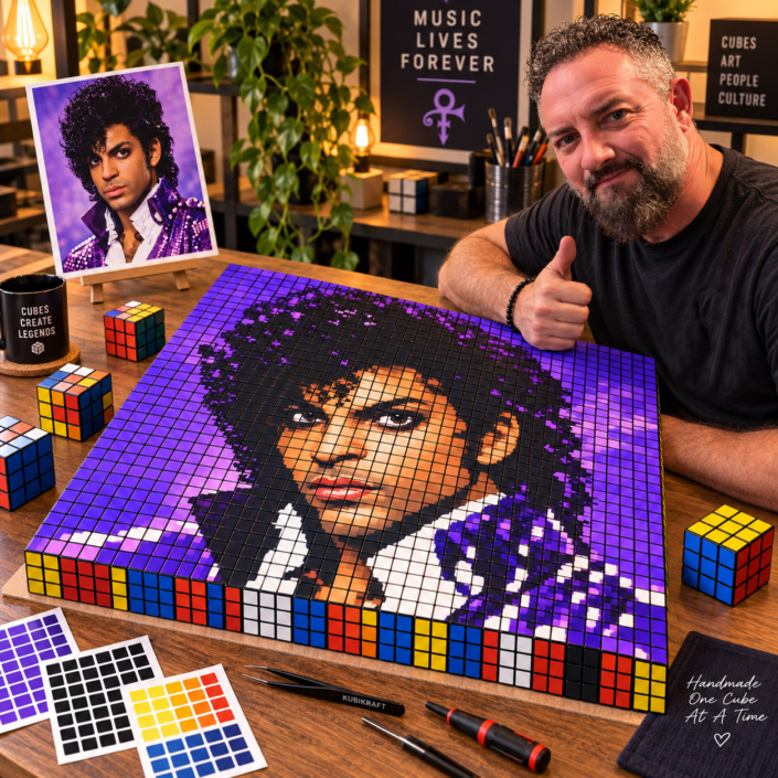 Handmade Prince Rubik’s Cube mosaic artwork being assembled in a studio using full-size 3x3 cubes, custom color stickers, and a detailed pixel portrait design