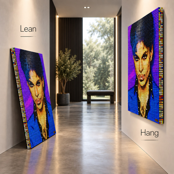 Prince Rubik’s Cube mosaic wall artwork showing professional lean and wall-mounted display options for custom installations