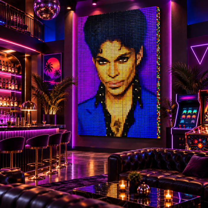Large Prince Rubik’s Cube mosaic installed as a show-stopping centerpiece in an upscale nightclub bar, designed as iconic statement wall decor for clubs, lounges, and entertainment spaces