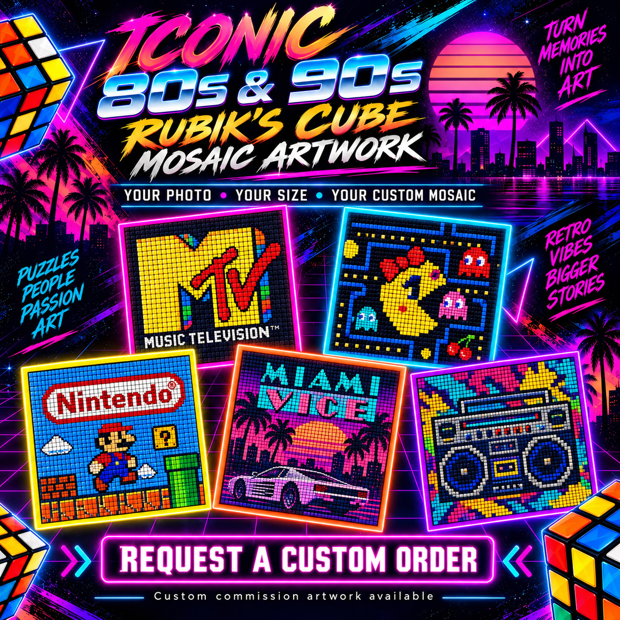 Custom 80s and 90s Rubik’s Cube mosaic artwork featuring MTV, arcade gaming, Nintendo, Miami Vice and boombox designs