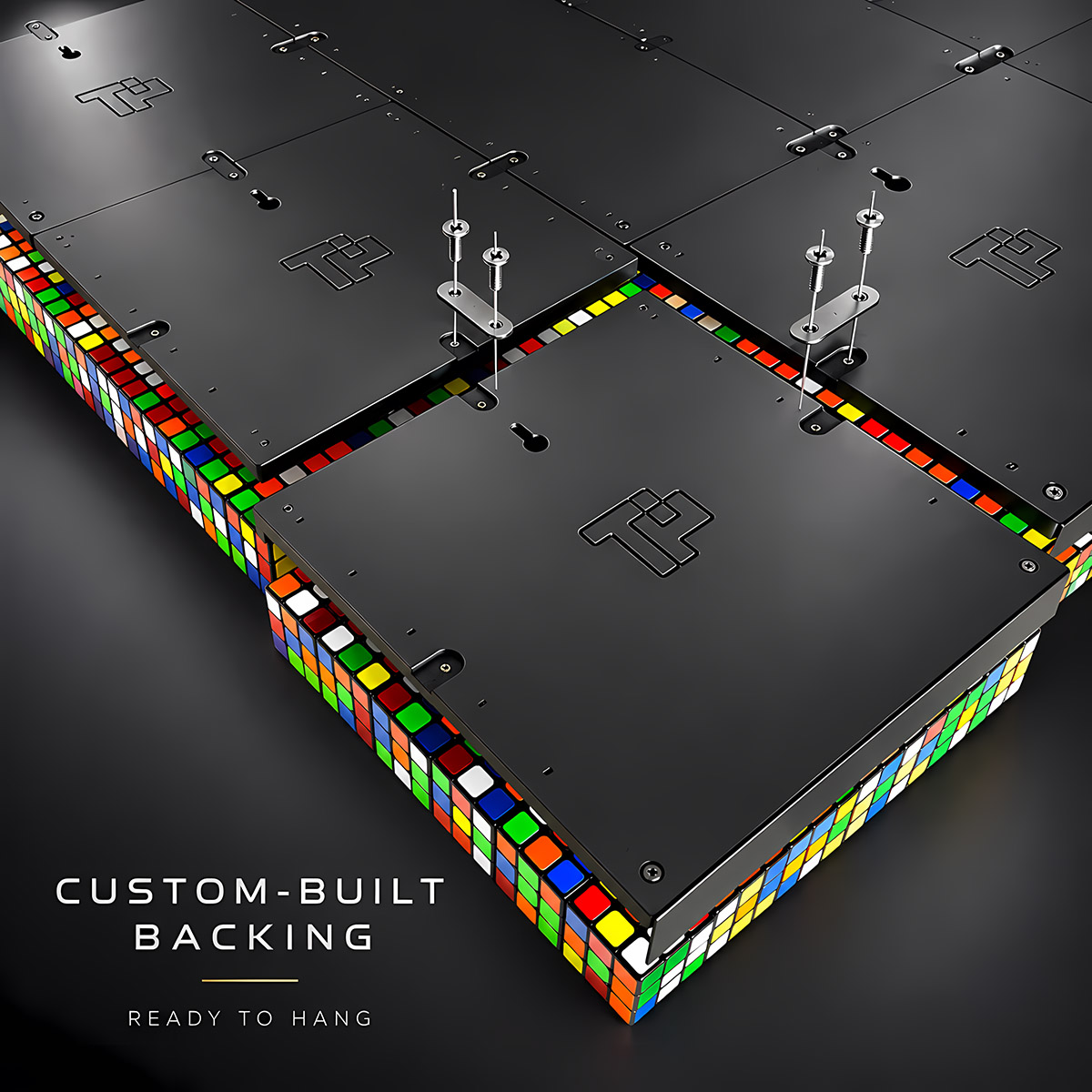 Custom-built backing and hidden mounting system engineered for secure installation of large Rubik’s Cube mosaic wall artwork